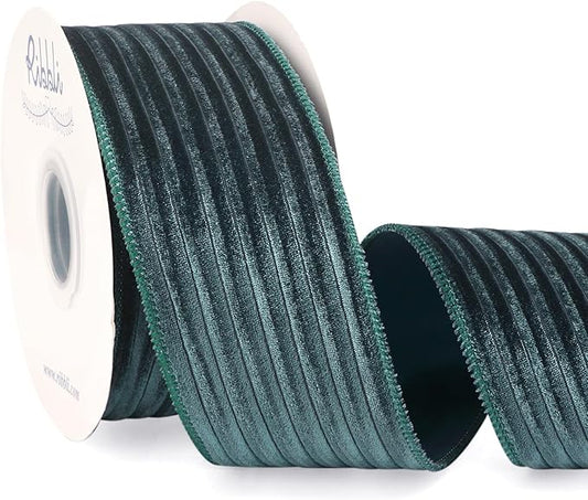 Ribbli Glossy Teal Green Velvet Wired Ribbon 2.5 Inch Striped Velvet Christmas Ribbon for Gift Wrapping Christmas Tree Decoration Crafts Wreaths Supplies-Continuous 10 Yards