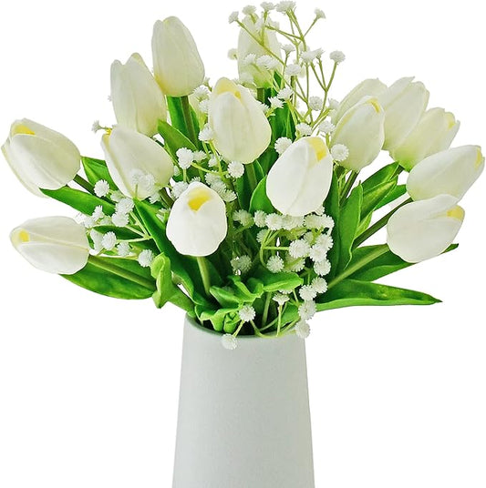 Mandy's Artificial Tulips 20 Stems White with 3pcs White Baby's Breath PU Faux Flowers for Thanksgiving and Christmas Decorations Wedding Home Decor 13.5 Inch