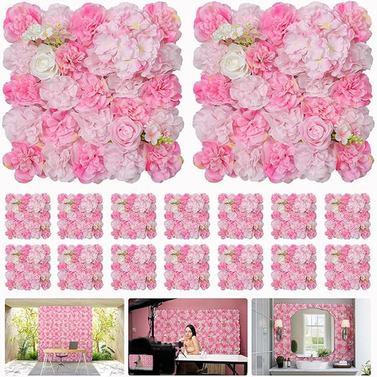Artificial Flower Wall Backdrop 16pcs 16.5x16.5 Inch Silk Rose Floral Wall Panel Decor Ideal for Wedding Celebrations, Festive Party Birthday Backdrops and Elegant Home Decor-Light Gold Pink