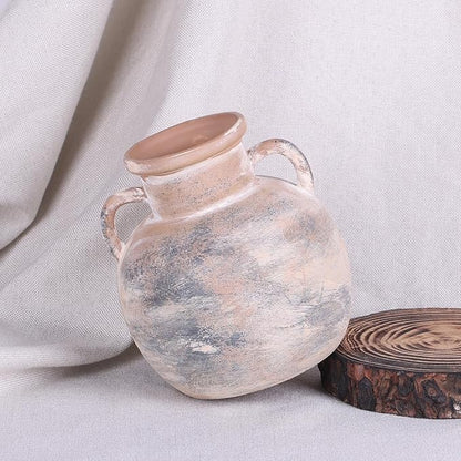 5.9in Rustic Ceramic Farmhouse Flower Small Vase, Beige Terracotta Pottery Decorative Vases Distressed, Round Vases with Handles for Home Wabi Sabi Coffee Table Entryway Decor or Kitchen Utensils