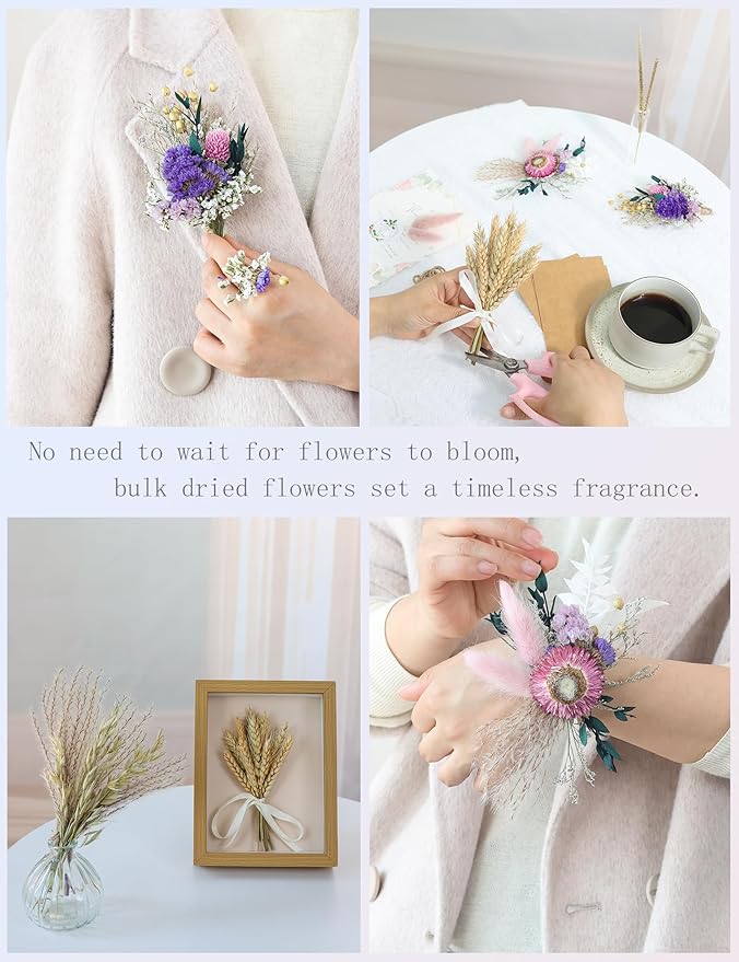 DIY Dried Flower Set, Bulk Dried Flowers,Handmade Ideas, DIY Flower Set Bouquet, Door Hanging Wreath, Desktop Decoration Mini Dried Flower (Pink)