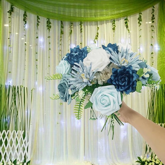 Artificial Flowers Fake Roses, Faux Plant with Stems for DIY Wedding Bouquets Bridal Shower Centerpieces Arrangements Party Tables Decorations (23, Mix Shades of Blue)