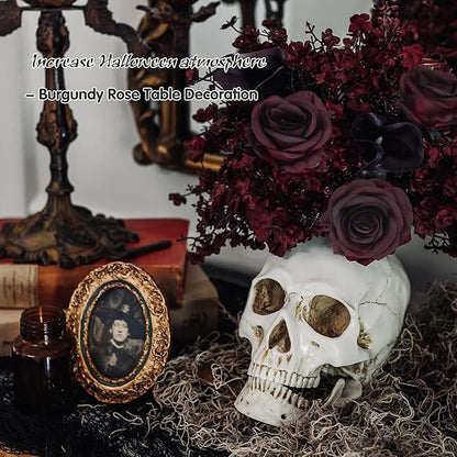 Felice Arts 12 Pack Burgundy Roses Artificial Flowers with Black Stems Silk Roses Fake Gothic Flowers Bouquet for Halloween Wedding Centerpiece Table Vase Home Indoor Kitchen Party DIY Vampire Decor