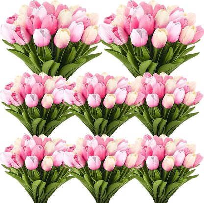 Janinka 60pcs Artificial Tulip Flowers Fake PU Tulips Faux Latex Bouquet Flower Centerpieces Arrangement Floral for Mother Day Wedding Spring Decorations (Pink)