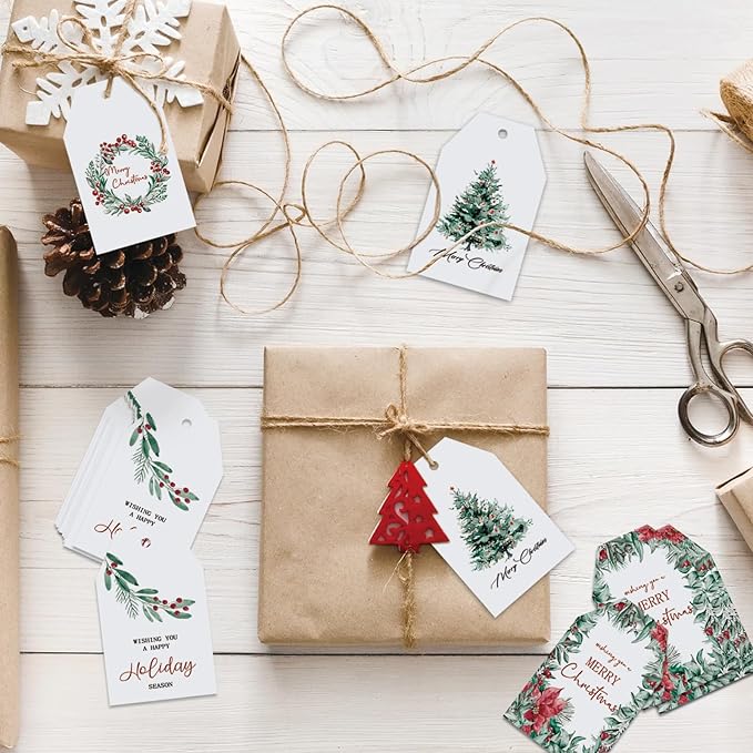100 Pcs Christmas Paper Gift Tags Watercolor Plants Xmas Winter Seasonal Wishes Hanging Label Tags with Hemp Rope for Xmas Holiday Gift Wrapping DIY Crafts, 4 Designs
