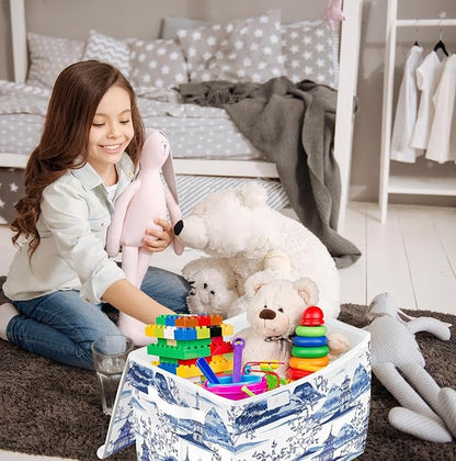 susiyo Beautiful Ink Chinoiserie Pagodas Storage Bin Large Collapsible Storage Box Stackable design Fabric Storage Bins with Lids Decorative Multi-Color Foldable Organizing Baskets For Closet, Utility