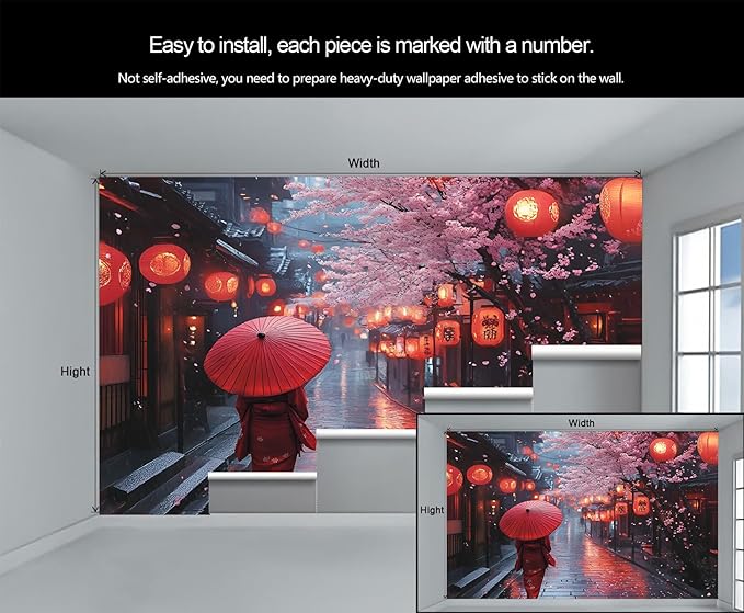 Japanese Street Wall Mural, Cherry Blossom Lantern Scene 3D Wall Murals, Romantic Rainy Evening Japan Wallpaper Mural, for Living Room Bedroom Large Wallpaper Indoor Decor 118" W x 82.6 "H
