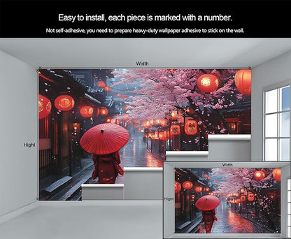 Japanese Street Wall Mural, Cherry Blossom Lantern Scene 3D Wall Murals, Romantic Rainy Evening Japan Wallpaper Mural, for Living Room Bedroom Large Wallpaper Indoor Decor 197" W x124.8 H