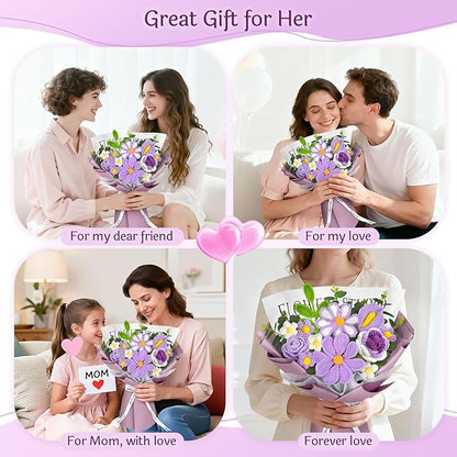 ICX Crochet Flowers Bouquet with Lights,Handmade Knitted Roses Flowers,Gesang Flower,Crochet Heart, Crochet Gift for Wedding, Birthday, Anniversary, Mother’s Day for Her, Girlfriend, Wife(Purple)