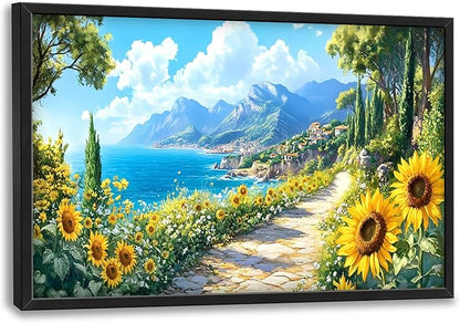 Coastal Sunflowers Large Wall Art Framed Wall Decor for Living Room Ocean Coast Pictures Oversized Canvas Print Painting Modern Extra Large Framed Artwork for Bedroom Office Home Decor 36"x24"