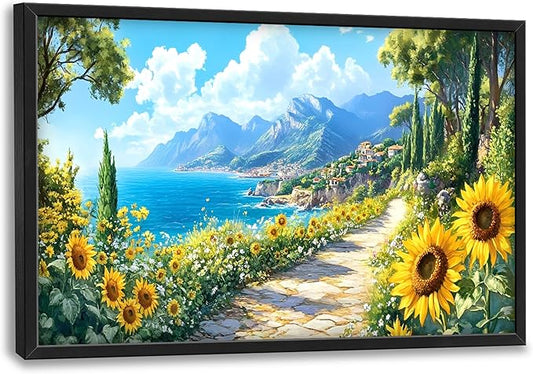 Coastal Sunflowers Large Wall Art Framed Wall Decor for Living Room Ocean Coast Pictures Oversized Canvas Print Painting Modern Extra Large Framed Artwork for Bedroom Office Home Decor 36"x24"