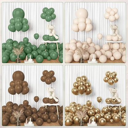 Amandir 153pcs Sage Green Brown Balloon Garland Arch Kit, Different Sizes 18 12 10 5 inch Olive Green Gold Latex Metallic Confetti Balloons for Safari Jungle Woodland Birthday Baby Shower Decorations
