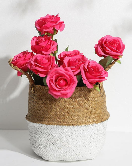 DuHouse 10pcs Fake Roses Artificial Silk Flowers Faux Rose Flower Long Stems Bouquet for Arrangement Wedding Centerpiece Party Home Kitchen Decor(Hot Pink)