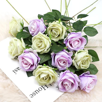 Hawesome Fake Roses Artificial Silk Flowers - 12 Pcs Green Roses Artificial Faux Flowers with Stems for Home Wedding Centerpiece Hotel Office Decor