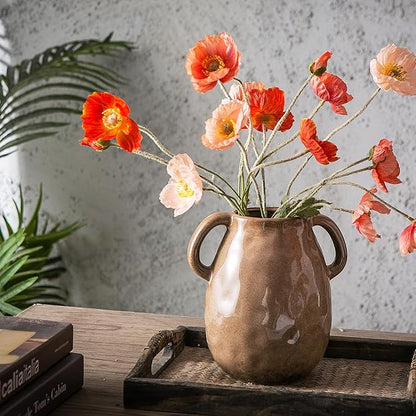 Kimdio Brown Ceramic Vase with 2 Handles, Modern Farmhouse Vase for Home Decor, Vintage Rustic Pottery Vase, Decorative Terracotta Vase, Clay Jug for Living Room Dining Table Shelf