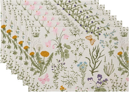QIYI Boho Placemats Set of 6, 12x18 Inch Linen Fabric Floral Place Mats for Kitchen Dinning, Farmhouse Rustic Cloth Table Mats, Washable Placemat Botanical Party Table Décor, Wildflowers Herbs