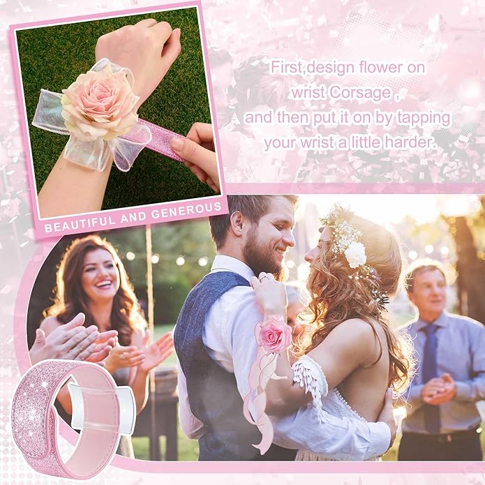 6 Pieces Slaplet Wrist Corsage Bracelets Wristlet Band Floral Corsage Slaplets Wedding Bracelets DIY Wrist Accessories for Bridesmaid Bridal Shower Party Prom