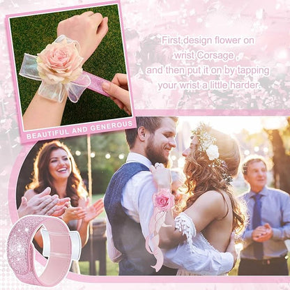 6 Pieces Slaplet Wrist Corsage Bracelets Wristlet Band Floral Corsage Slaplets Wedding Bracelets DIY Wrist Accessories for Bridesmaid Bridal Shower Party Prom