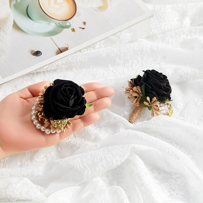 SITUMEIZI 2Pcs Black Corsage and Boutonniere Set Corsage Wristlet for Prom Decor Boutonniere for Men Wedding Flowers Accessories Party Suit Decoration