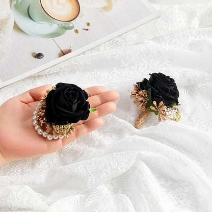 SITUMEIZI 2Pcs Black Corsage and Boutonniere Set Corsage Wristlet for Prom Decor Boutonniere for Men Wedding Flowers Accessories Party Suit Decoration