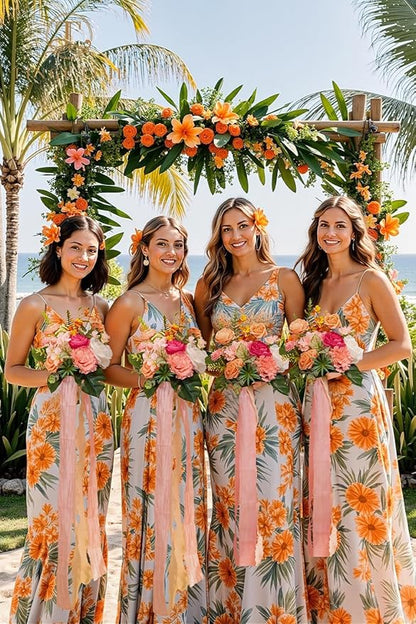 TINGE TIME 7 Inch Artificial Flowers Wedding Bouquets for Bridesmaid, Set of 4, Tropical Bride Tossing Bouquet for Summer Wedding Ceremony Bridal Shower Rehearsal Dinner Vintage Party