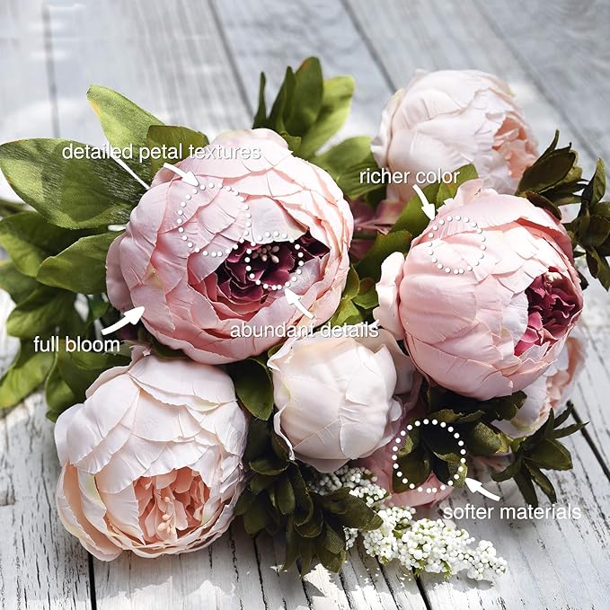FiveSeasonStuff Vintage Artificial Peonies Silk Peony Flowers and Hydrangeas for Wedding Bridal Home Décor – Beautiful Floral Centerpiece Arrangement with 2 Bouquets (Mixed Pale Pink and Tawny Brown)