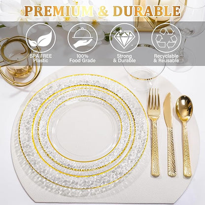Nervure 150Pcs Clear Plastic Plates with Gold Hammered Silverware include 25Dinner Plate, 25Dessert Plate, 25Knives, 25Forks, 25Spoons and 25Cups for Wedding & Parties & Thanksgiving