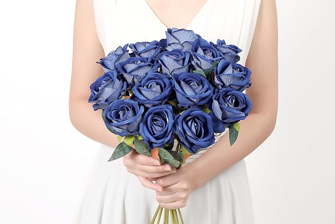 SITUMEIZI 15PCS Blue Artificial Roses Silk Flowers Fake Roses Realistic Bouquet Long Stem with Gift Box for Mother's Gift Day Home Party Wedding Decorations