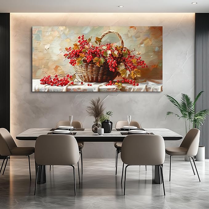 hyidecorart Large Canvas Print Wall Art Rustic Dining Room Artwork For Walls Still Life Bamboo Basket And Fruit Vintage Wall Decor Modern Pictures For Living Room Kitchen Bar Paintings Ready To Hang