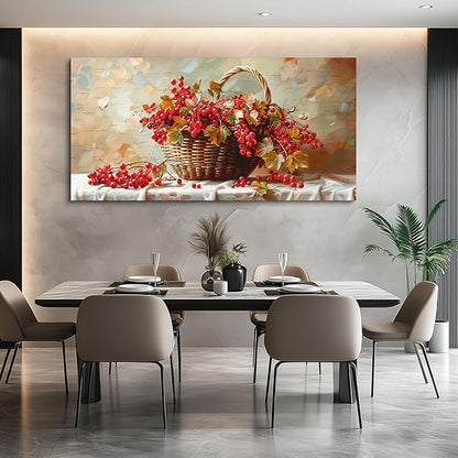 hyidecorart Large Canvas Print Wall Art Rustic Dining Room Artwork For Walls Still Life Bamboo Basket And Fruit Vintage Wall Decor Modern Pictures For Living Room Kitchen Bar Paintings Ready To Hang