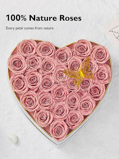 Eterfield 27 Forever Flowers in Heart Shape Box, Preserved Roses That Last a Year Preserved Flowers Birthday Gifts for Her Mom Women Wife Anniversary Valentines Day Mothers Day Christmas, Dusty Pink