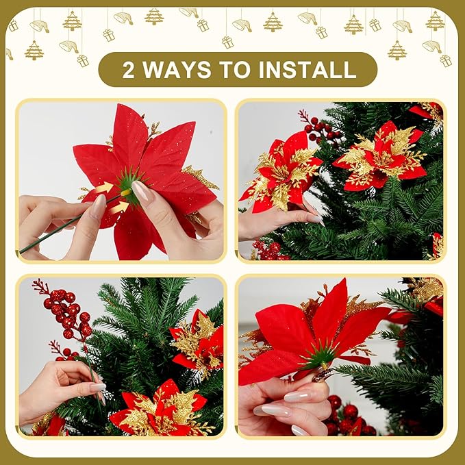 50pcs Glitter Poinsettia Christmas Ornaments, Artificial Flowers with Clips Stems for DIY Wreath Making, Holiday Home Party Decorations, Indoor Use (Red)
