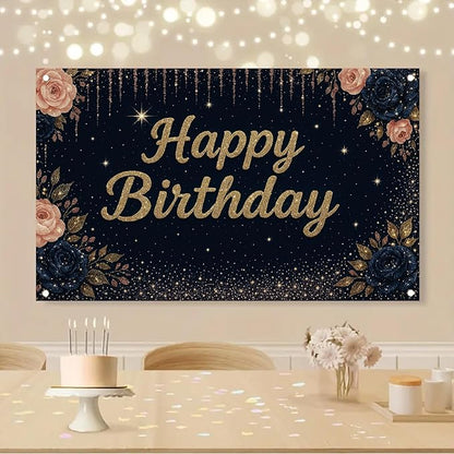 Happy Birthday Backdrop Banner Navy Blue Gold Glitter Rose Floral Birthday Party Decorations Photography Background Wedding Baby Shower Decor Booth Studio Props Supplies 71 x 43 Inch