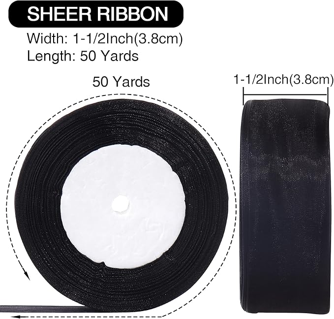 1-1/2 Inch x 50 Yards Sheer Organza Ribbon Chiffon Ribbon for Gift Wedding Flower Bouquet Wrapping Decorations Crafts (Black)