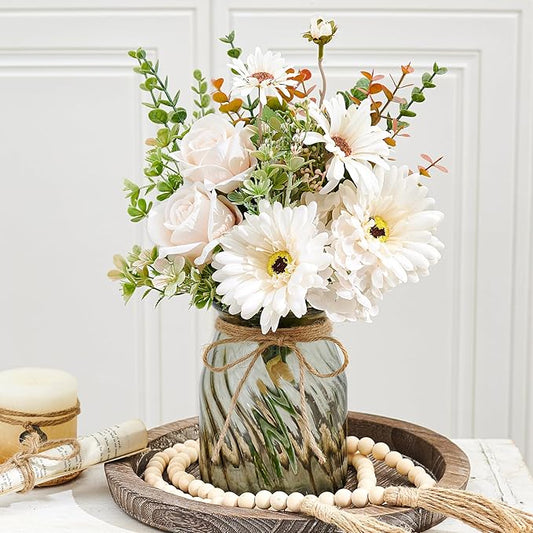 Fake Flowers Artificial Daisy Rose with Vase, Faux Silk Flowers Fake Plant Decor for Home Office, Kitchen Dining Table Centerpiece, Bathroom Shelf Decor