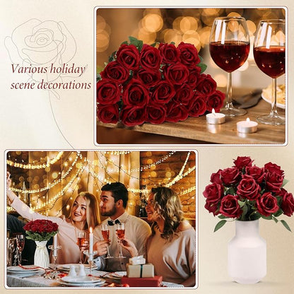 Hotop 20 Pcs Artificial Rose Flowers with Long Stem,Real Touch Silk Realistic Plastic Bouquet Roses Bulk for Home Decor Bridal Wedding Party Table Centerpieces Decorations(Wine Red)