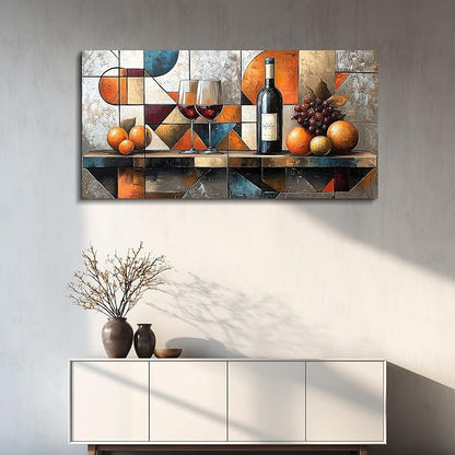 hyidecorart Wine Glass Fruit Painting Still Life Large Canvas Wall Art For Kitchen Wall Decor For Living Room Dining Room Decorations Geometry Abstract Picture Artwork Bar Posters Home Decor 24"x48"