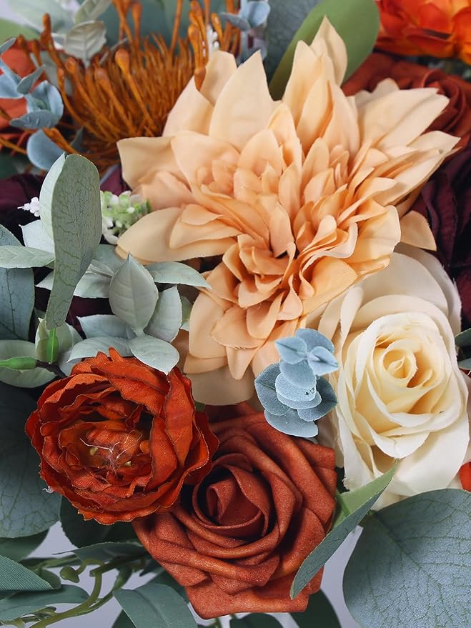 Rinlong Fall Wedding Bouquets for Bride Burnt Orange Bridal Bouquet for Wedding Terracotta Bouquets Boho Artificial Flowers