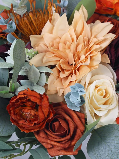Rinlong Fall Wedding Bouquets for Bride Burnt Orange Bridal Bouquet for Wedding Terracotta Bouquets Boho Artificial Flowers