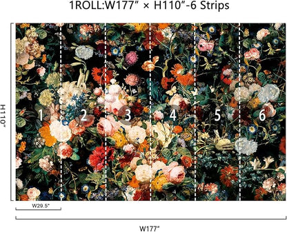 Zeeko Dark Floral Wallpaper Peel and Stick 177" W x 110" H Waterproof Canvas Fabric Vintage Moody Large Wall Mural Self Adhesive Removable Wall Paper for Bedroom Living Room Art Deco