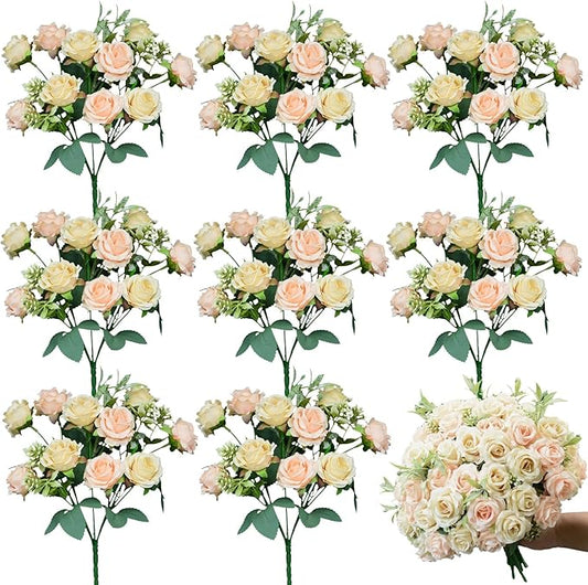 8 Pack Rose Artificial Flowers Bouquet, 10 Small Silk Rose Heads Per Pack, Fake Roses Bunches for Wedding Table Centerpieces Bridal Bouquet Mother's Day Valentine's Day Home Decor, Champagne