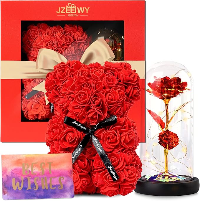 Flower Rose Bear for Mom,Perfect Birthday Romantic Gift for Wife Daughter Girlfriend Friend Her,Light up Rose in Glass Dome for Birthday Anniversary Mothers Day Valentines Day
