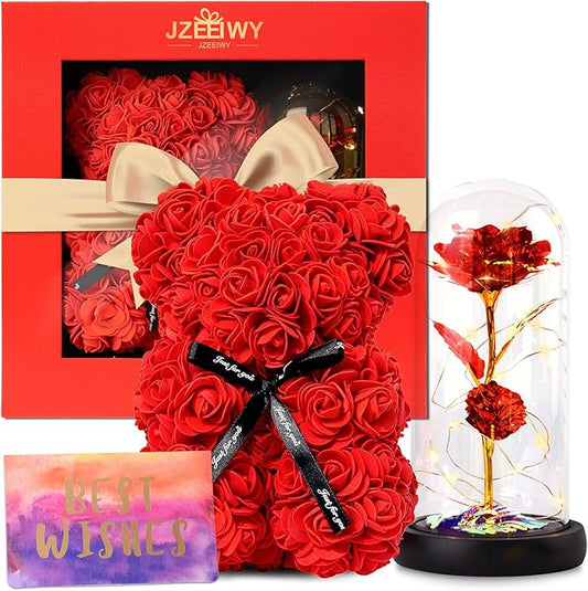 Flower Rose Bear for Mom,Perfect Birthday Romantic Gift for Wife Daughter Girlfriend Friend Her,Light up Rose in Glass Dome for Birthday Anniversary Mothers Day Valentines Day