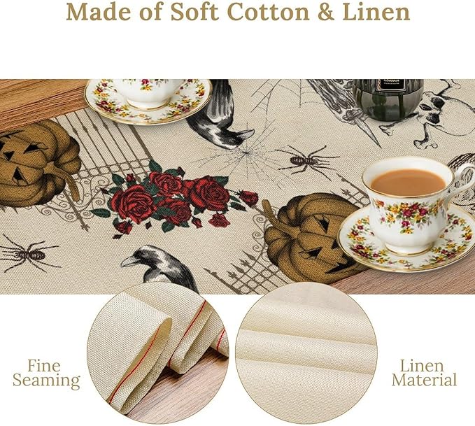 Gothic Floral Table Runner, Retro Dark Skull Crow Vintage Flower Halloween Pumpkin Witchy Coffee Table Center Decor for Home Kitchen Dining Patio Holiday Party Table Decorations 13x36 inches