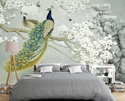 Magnolia Flower Peacock Chinoiserie Wallpaper for Bedroom 178" x 117"