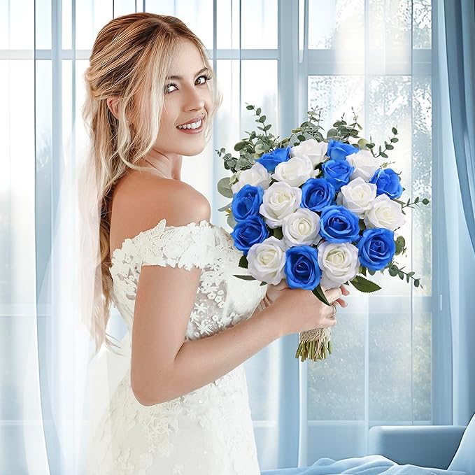 20PCS Artificial Roses with Long Stems - Realistic Silk Flowers, Fake Roses Real Touch Bouquet Roses for Home Decor, Bridal Wedding Table Centerpieces, Faux Rose Flowers (White&Royal Blue)