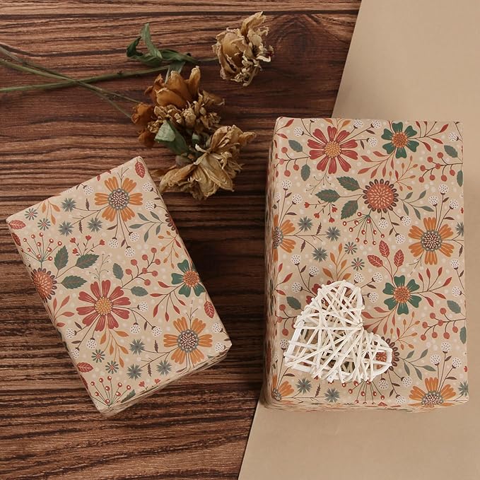 Aimyoo Floral Kraft Wrapping Paper Jumbo Roll, All Occasion Vintage Flower Gift Wrap for Wedding Birthday Bridal Shower, 17 inch x 60 ft