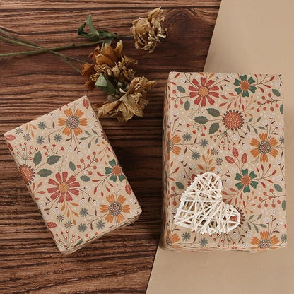 Aimyoo Floral Kraft Wrapping Paper Jumbo Roll, All Occasion Vintage Flower Gift Wrap for Wedding Birthday Bridal Shower, 17 inch x 60 ft