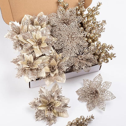 24Pcs Christmas Poinsettia Artificial Flowers and Glitter Berries Kit, 2 Styles Total 16Pcs Christmas Tree Flowers Ornaments, 8Pcs Christmas Tree Picks for Wedding Holiday Decorations, Champagne