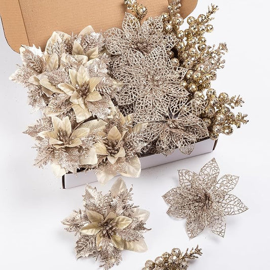 24Pcs Christmas Poinsettia Artificial Flowers and Glitter Berries Kit, 2 Styles Total 16Pcs Christmas Tree Flowers Ornaments, 8Pcs Christmas Tree Picks for Wedding Holiday Decorations, Champagne
